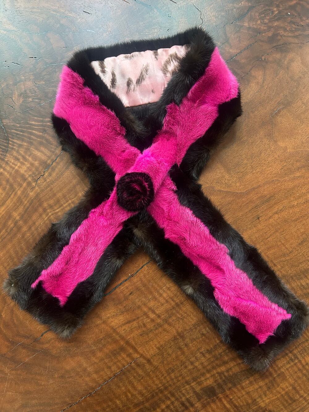 Vintage Y2K Real Mink Fur Scarf Colorblock Hot Pink Brown Rosette Pull Through